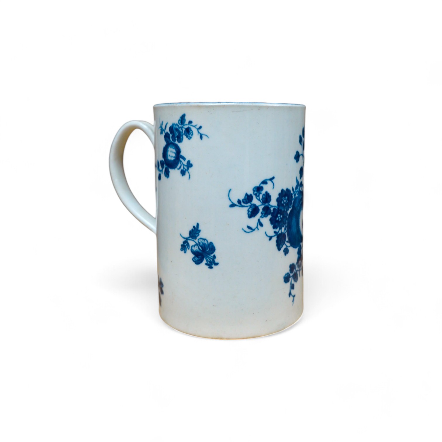 A Worcester blue and white porcelain mug, c.1775, 11.5cm high. Condition - fair to good.